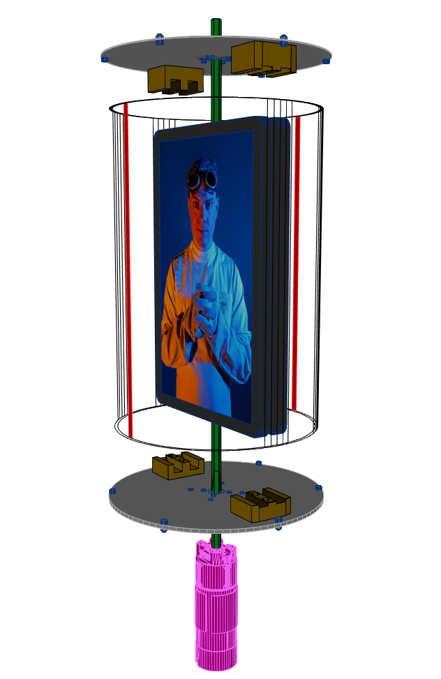 Andotrope exploded diagram. As the mechanism rotates, your view through the red slits sweeps across the displays, which ensures everyone in all directions ends up with a view of the full screen.