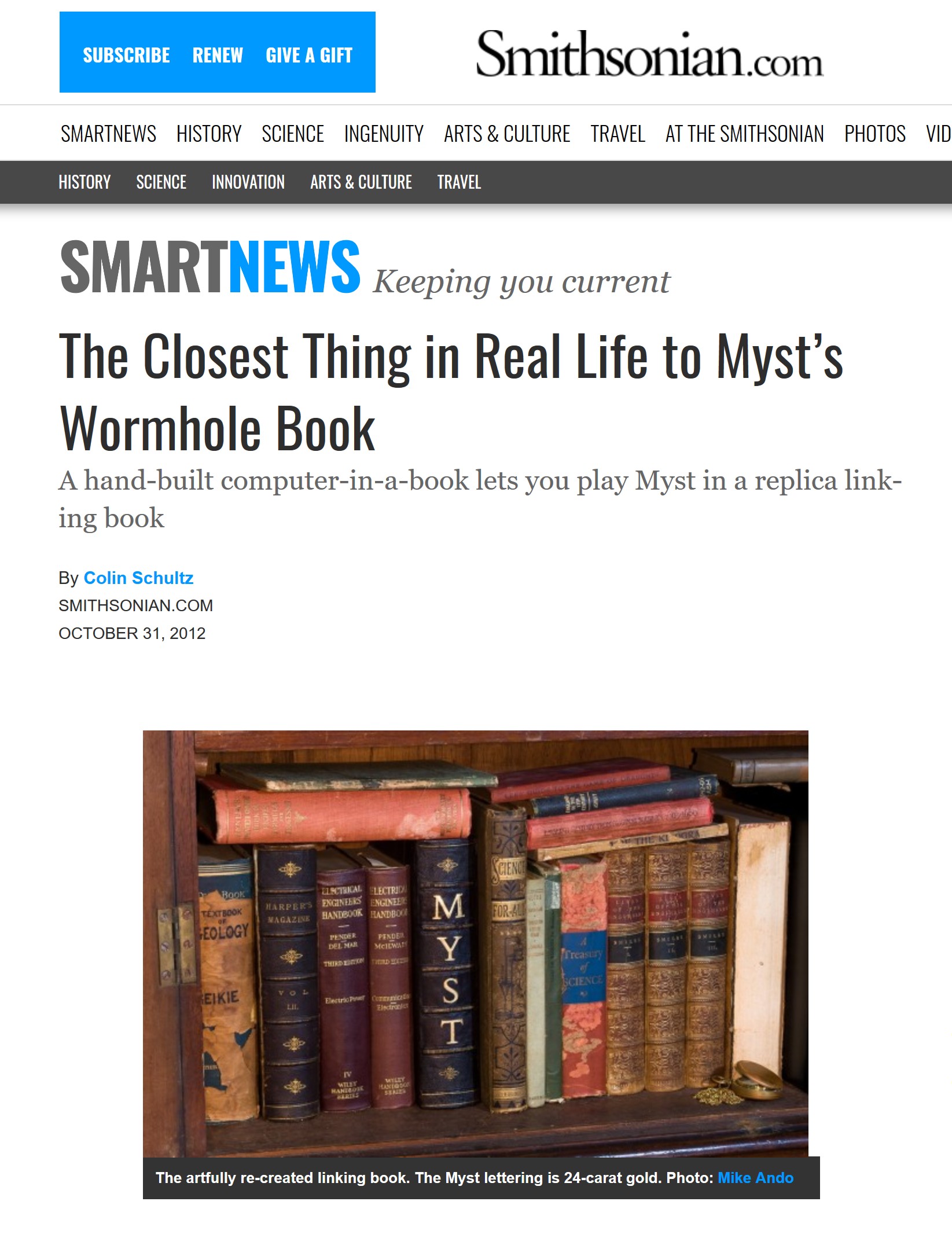 The Smithsonian article on my Myst book