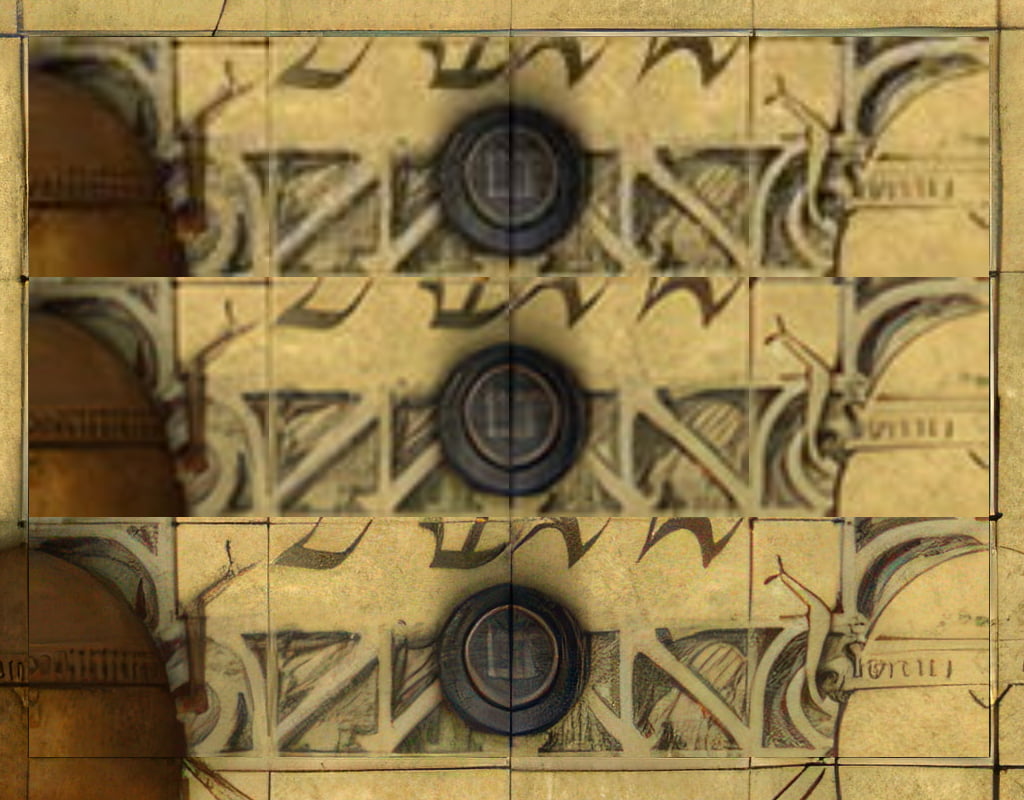 Riven Journals AI upscaling example, Journal 1 puzzle. Top row: the original 1997 images. Middle row: upscaled but original resolution with less compression. Bottom row: 4x upscaled