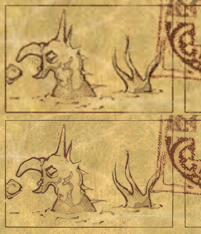 Riven Journals AI upscaling example (this one's actually a reddish transparent .gif floating above the tan-coloured parchment background!) - original version above, 4x upscale below