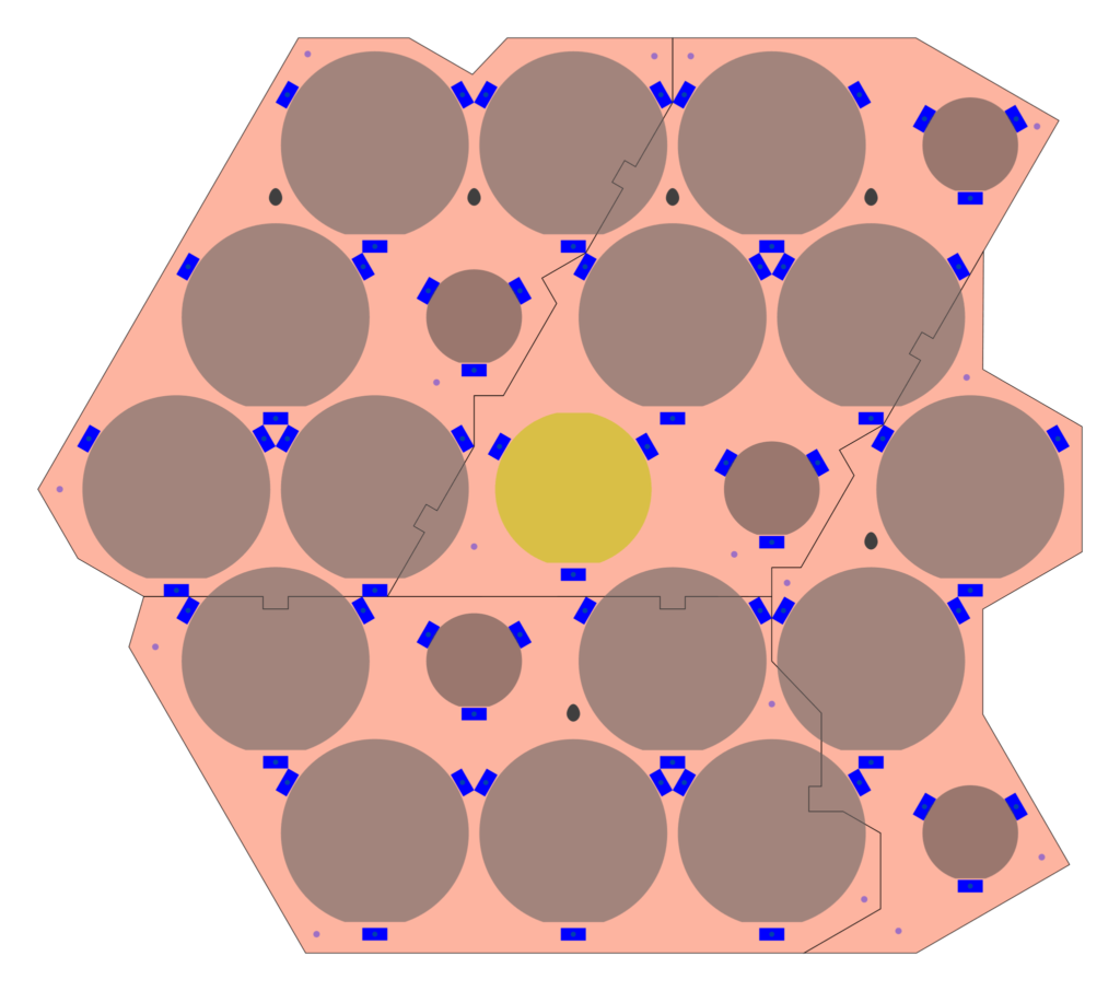 The raw laser cutting template for my silicon wafer wall artwork. It has 21 circles arranged in an array with dozens of little clips holding them on